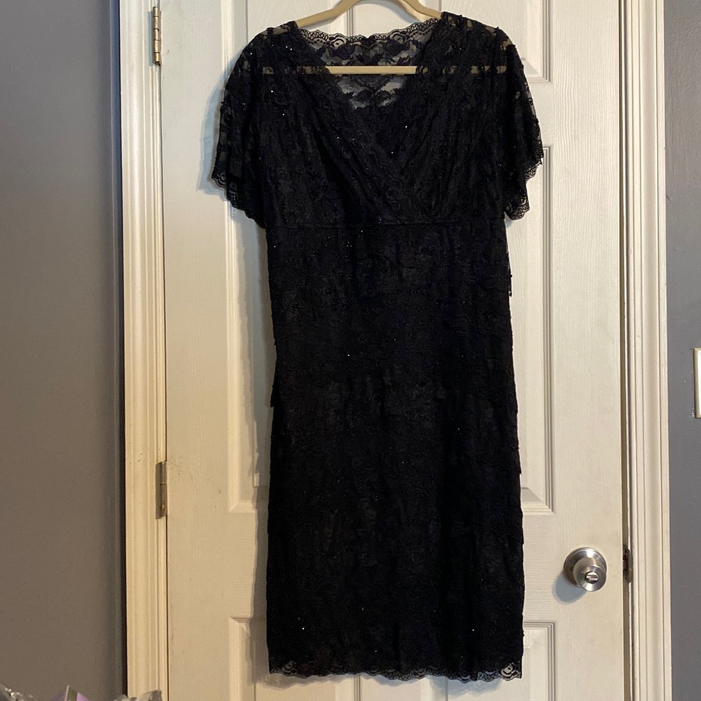 Marina Formal Sequin Lace Short Sleeve Dress. Color: Black